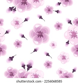 Seamless pattern of delicate pink flowers and cherry buds on a white background.Vector pattern of sakura flowers can be used in textiles,backgrounds,packaging