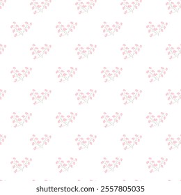 Seamless pattern of delicate pink flowers on white background.