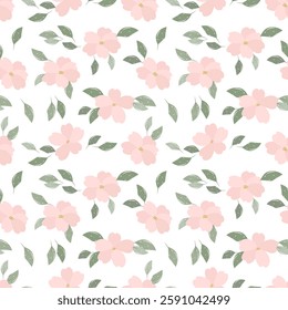 Seamless pattern with delicate pink flowers and green leaves on a white background. Print