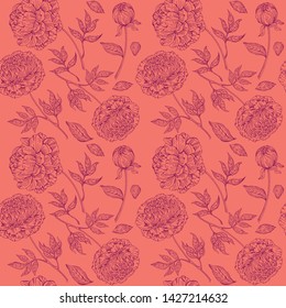 Seamless pattern. Delicate pink peonies on a beautiful coral background. Botanical illustration. Good design for printing, postcard, Wallpaper, packaging. Floral texture.