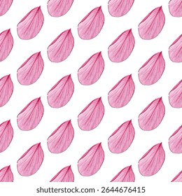 Seamless pattern of delicate pink petals on a white background, ideal for adding an elegant touch to textiles, wallpapers, or stationery. Perfect for romantic, modern, or feminine designs.