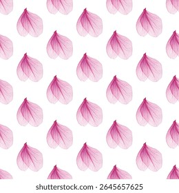 Seamless pattern of delicate pink petals on a white background, ideal for adding an elegant touch to textiles, wallpapers, or stationery. Perfect for romantic, modern, or feminine designs.