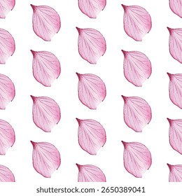 Seamless pattern of delicate pink petals on a white background, ideal for adding an elegant touch to textiles, wallpapers, or stationery. Perfect for romantic, modern, or feminine designs.