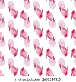 Seamless pattern of delicate pink petals on a white background, ideal for adding an elegant touch to textiles, wallpapers, or stationery. Perfect for romantic, modern, or feminine designs.
