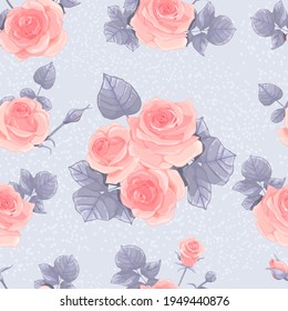 Seamless pattern with delicate pink roses and leaves on a gray background. Vector illustration