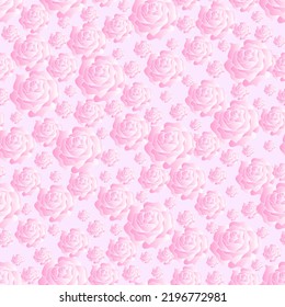 Seamless pattern with delicate pink roses on light pink background. Blossoming flower heads, monochrome colors. Romantic floral vector ornament for wedding design, gift paper print. 