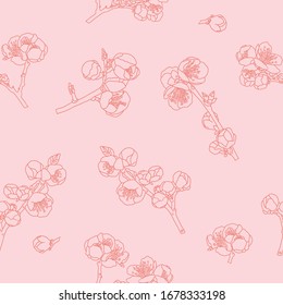 
Seamless pattern with delicate pink wild cherry flowers. Branches of Japanese Cherry. Vector illustration on a pink background in cartoon style. For posters, postcards, printing, textiles, web pages.