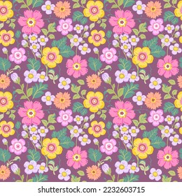 Seamless pattern with delicate pink and yellow flowers on a purple background. Romantic floral print, botanical composition with large flower buds, leaves, branches.