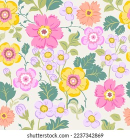 Seamless pattern with delicate pink, yellow and purple flowers on a light yellow background. Romantic floral print, botanical composition with large flower buds, leaves, branches.