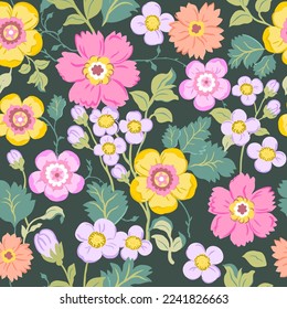 Seamless pattern with delicate pink, yellow and purple flowers on a green background. Romantic floral print, botanical composition with large flower buds, leaves, branches.