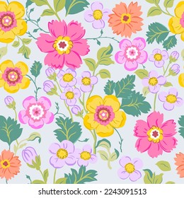 Seamless pattern with delicate pink, yellow and purple flowers on a light background. Romantic floral print, botanical composition with large flower buds, leaves, branches.