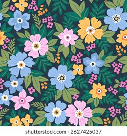 Seamless pattern with delicate pink, yellow and blue flowers on a dark blue background. Romantic floral print, botanical composition with large flower, leaves, branches. Liberty style. Ditsy floral. 