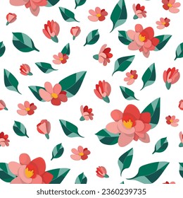 Seamless pattern with delicate pink-red flowers and green leaves on a white background. A simple composition with artistic flowers. Floral print, romantic botanical background with isolated flowers.