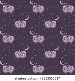 Seamless pattern delicate purple chrysanthemum flower on the background of the starry sky. Vector drawing for printing, textiles, backgrounds, decor.