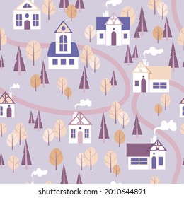Seamless pattern in delicate purple lavender pastel colors. Vector illustration city landscape cute houses autumn trees. For printing on fabric, wrapping paper, wallpaper and decor.