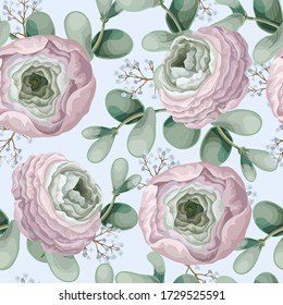 Seamless pattern with delicate ranunculus, eucalyptus and wild flowers . Vector.