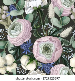 Seamless pattern with delicate ranunculus, eucalyptus and wild flowers . Vector.