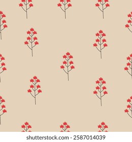 Seamless pattern with delicate red flower branches on a light beige background. Simple and elegant, suitable for textiles and paper products