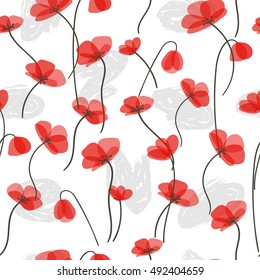 Seamless pattern with delicate red poppies. Vector floral background. 