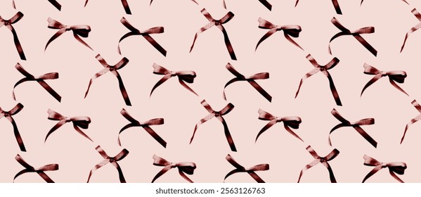 Seamless pattern with delicate ribbon bows in a retro-inspired red hue on a soft beige background. Halftone bowknots wallpaper for elegant, feminine, or vintage themed projects and designs, print etc.