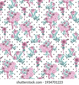 Seamless pattern delicate roses bouquet on black polka dots. Blooming branches of flowers background