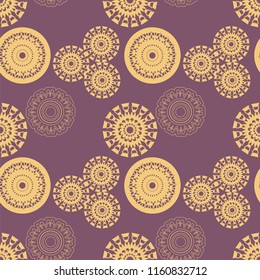 Seamless pattern with delicate round ornaments on a delicate purple background. Vector illustration