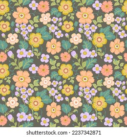 Seamless pattern with delicate scarlet, yellow, purple flowers and green leaves on a green background. Romantic floral print, botanical composition with large flower buds, leaves, branches.