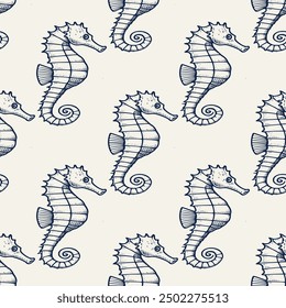 seamless pattern Delicate seahorse pattern in navy blue on an off-white background, perfect for nautical-themed textiles, wallpapers, and coastal decor.