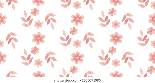 Seamless pattern with delicate simple flowers and foliage sprigs in pink tones. Suitable for printing on fabric and paper. Decor fabric and postcards.