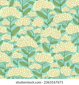 Seamless pattern with delicate spring flowers. Pattern for women's clothing. Branches with flowers and leaves are directed in one direction. Flat vector illustration