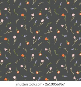 Seamless pattern with delicate spring flowers tulips on a gray background. Flat vector illustration