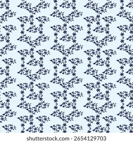 Nahtloses Muster mit zarten sternförmigen Motiven in dunkelblau auf hellblau. Perfekt für minimalistisches und modernes Design, Textilien, digitale Hintergründe, die ein anspruchsvolles und trendiges Design bieten.