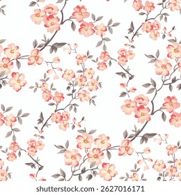 A seamless pattern of delicate, stylized flowers. The flowers are a light, blush pink with a hint of peachy yellow in the centers. They are arranged in clusters along branching stems.
