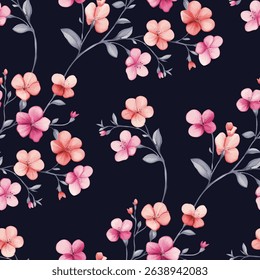 A seamless pattern of delicate, stylized flowers on a dark navy background. The flowers are in shades of soft pink and peachy orange, with a slightly watercolor like texture.