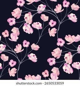 A seamless pattern of delicate, stylized flowers. The flowers are rendered in shades of pink and light peach, with darker pink accents. The flowers have a slightly painted or watercolor-like quality.