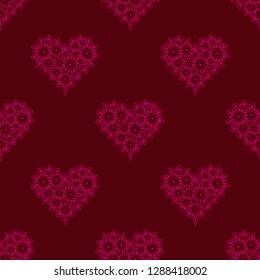 Seamless pattern delicate sweet lace pink heart on a red background