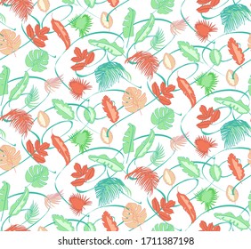 Seamless pattern with delicate tropical, exotic leaves. Vector floral pattern suitable for wallpaper or fabric on a white or light background