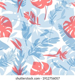 Seamless pattern with delicate tropical flowers and leaves. Trendy seamless textures for fabrics, wallpapers, swimwear, shirts, curtains. Vector illustration in pink and blue shades.