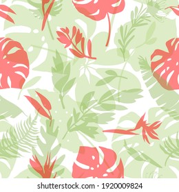 Seamless pattern with delicate tropical flowers and leaves. Trendy seamless textures for fabrics, wallpapers, swimwear, shirts, curtains. Illustration in pink and green shades.