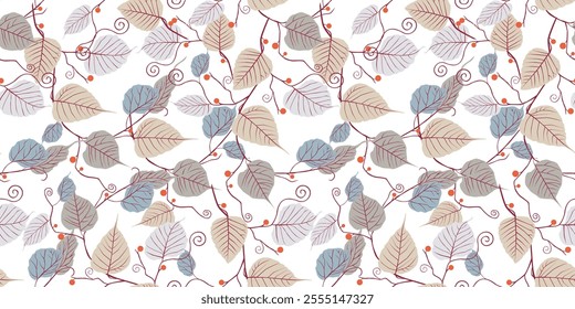 Seamless pattern of delicate twigs with leaves, tendrils, berries, vector background, paper, wallpaper, textile, fabric