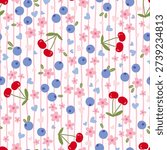 Seamless pattern with delicate vertical pink stripes, featuring sweet cherries, blueberries, tiny hearts, and pink flowers over a white background. Sweet hand-drawn vector illustration for textile and stationery.