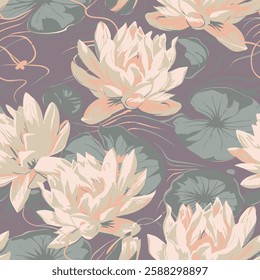 Seamless pattern with delicate water lilies on a dark background