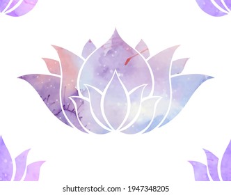 Seamless pattern with delicate watercolor lotuses. Pink and purple water lilies on a white background. Natural floral wallpaper. Fabric with silhouettes of flowers.