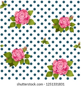Seamless pattern with delicate watercolor roses, drawn by hand. Polka dot background. Rose bud, leaves. Wedding invitation, congratulatory. beautiful red roses seamless pattern with dots design