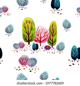 Seamless pattern of delicate watercolor trees on a white background.