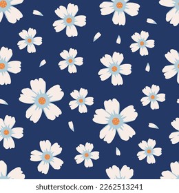 Seamless pattern with delicate white Cosmos Flowers. Floral repeat print. Cosmos bipinnatus Vector illustration