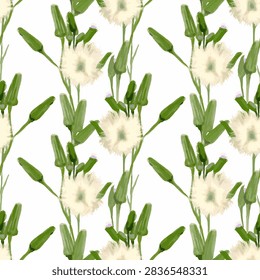 Seamless pattern of delicate white fluffy dandelion flowers and green buds on white background. Hand-drawn botanical seamless repeating pattern for fabric, textile, wallpaper, and print design.
