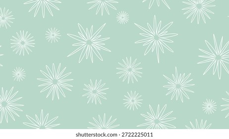 Padrão contínuo de delicadas flores de arte de linha branca em um fundo verde suave de menta para papel de parede e tecido estético.