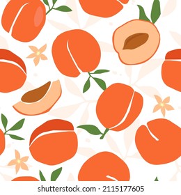 Seamless pattern with delicious appetizing peach, apricot. Contemporary print with fruits, whole, half and slice. Vector graphics.