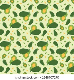 Seamless pattern with delicious avocado. Vector illustration. Design templates for greeting cards, home wallpapers, textiles and fabrics.